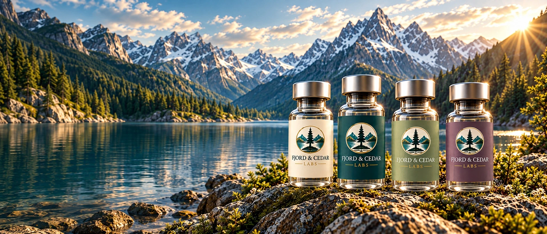 Four Fjord & Cedar Labs vials with ivory, teal, sage and dusty-plum labels on rocks in front of an alpine lake